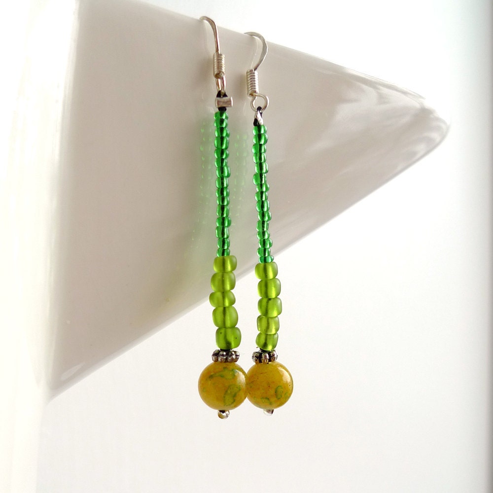 SALE - long dangle earrings - glass beads - green drop earrings - sterling silver wires - womens earrings
