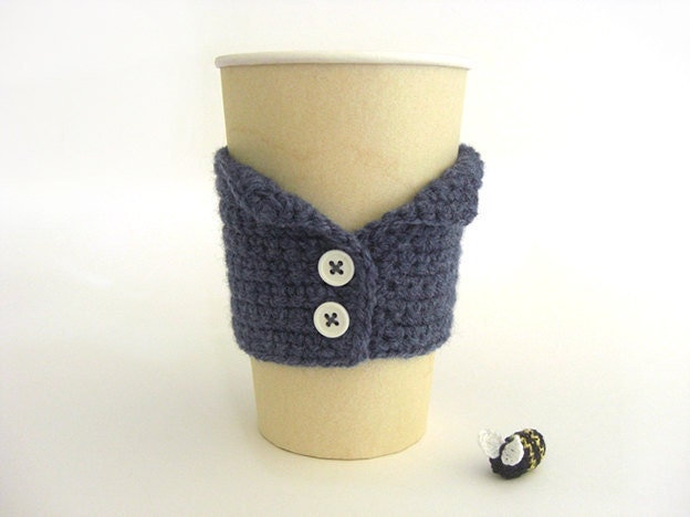 Blue Jacket Cup Cozy . Tea Travel Mug Cozy Coffee Hot Cold White Sleeve Eco Friendly Cozy for Disposable
