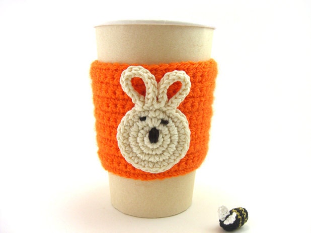 Crochet Cup Cozy Orange Bunny . Tea Drinks Beverage Coffee Hot Cold Easter Sleeve Travel Mug Eco Friendly Cozies Gifts
