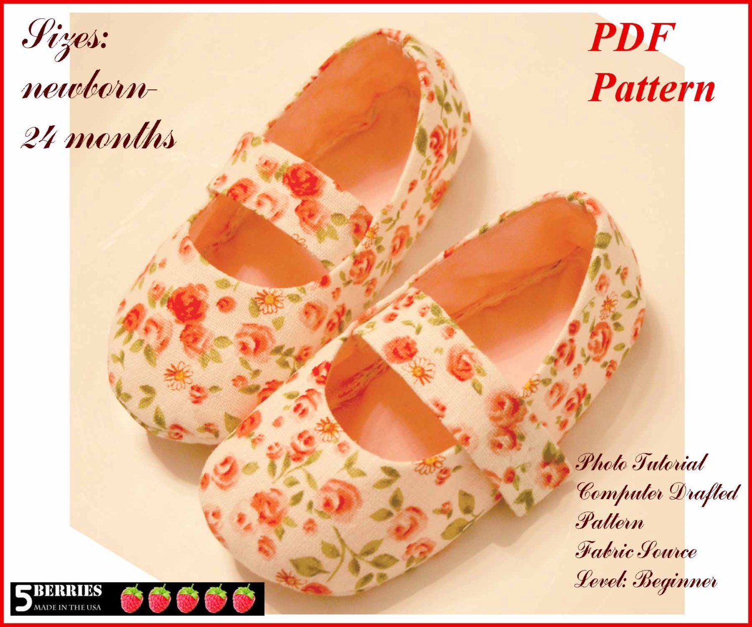 Baby Shoes PATTERN, Mary Jane Sewing PDF Pattern, Toddler Girl, Baby, Children, E Book, Tutorial, 5 Berries
