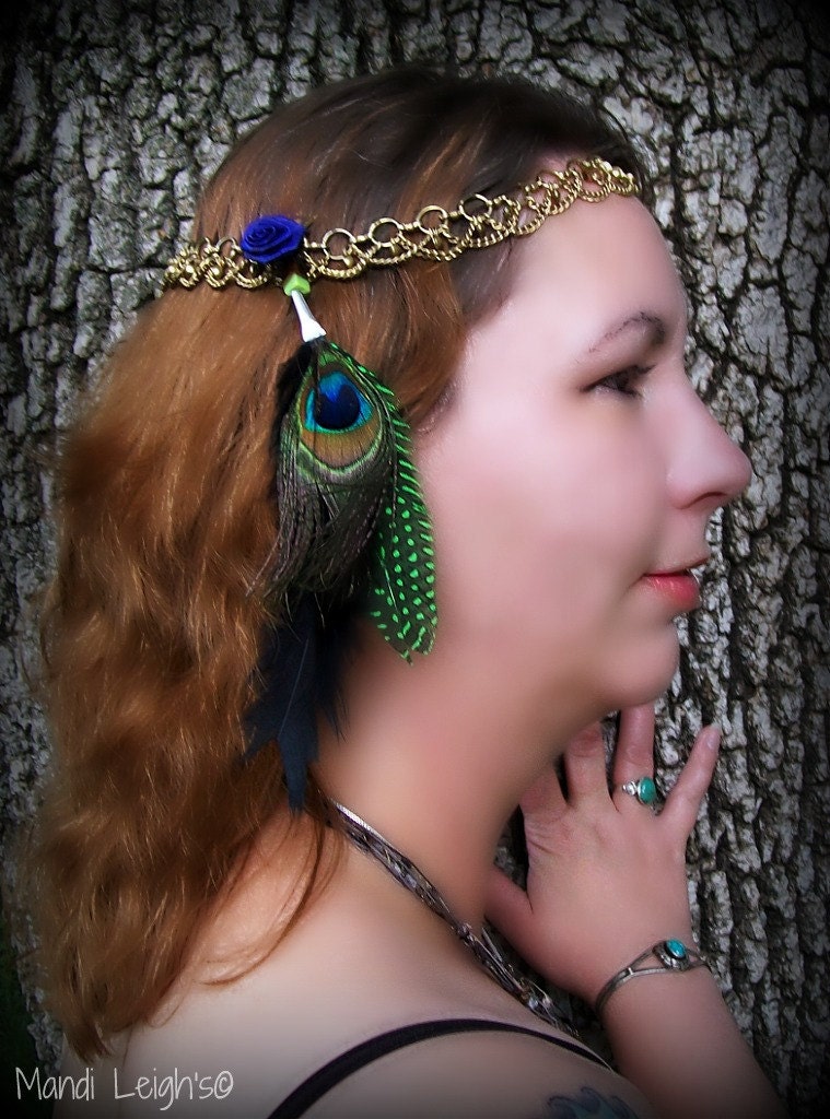 Feathered Hair Extension Native Gypsy Blue Rose and Peacock