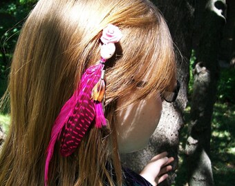 SOLD Feathered Hair Extension Pink Rose Barrette