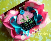 First Birthday Embroidered Cupcake Monogrammed Initial Boutique Style Hair Bow Pink Turquoise