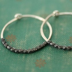 Small Silver Hoop Earrings with Oxidized Silver Beads, "Contrast"