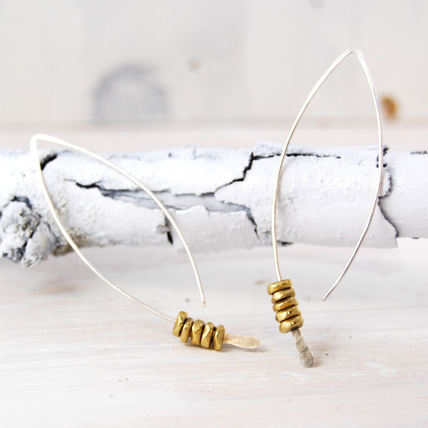 Medium Sterling Silver Crescent Earrings With Brass Nuggets