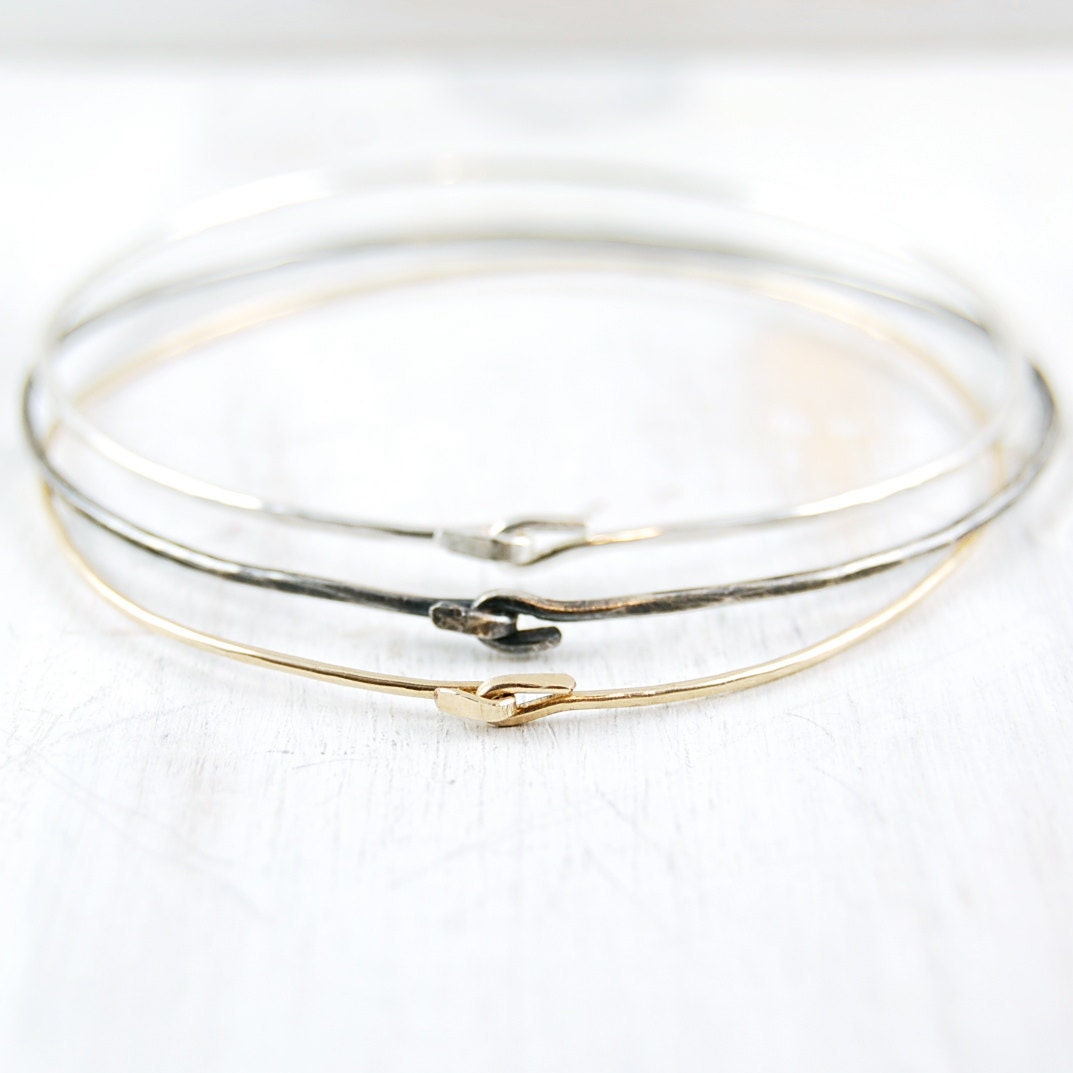 Gold and Silver Bangles, Set of Three, Yellow Gold, Oxidized Silver & Sterling Silver