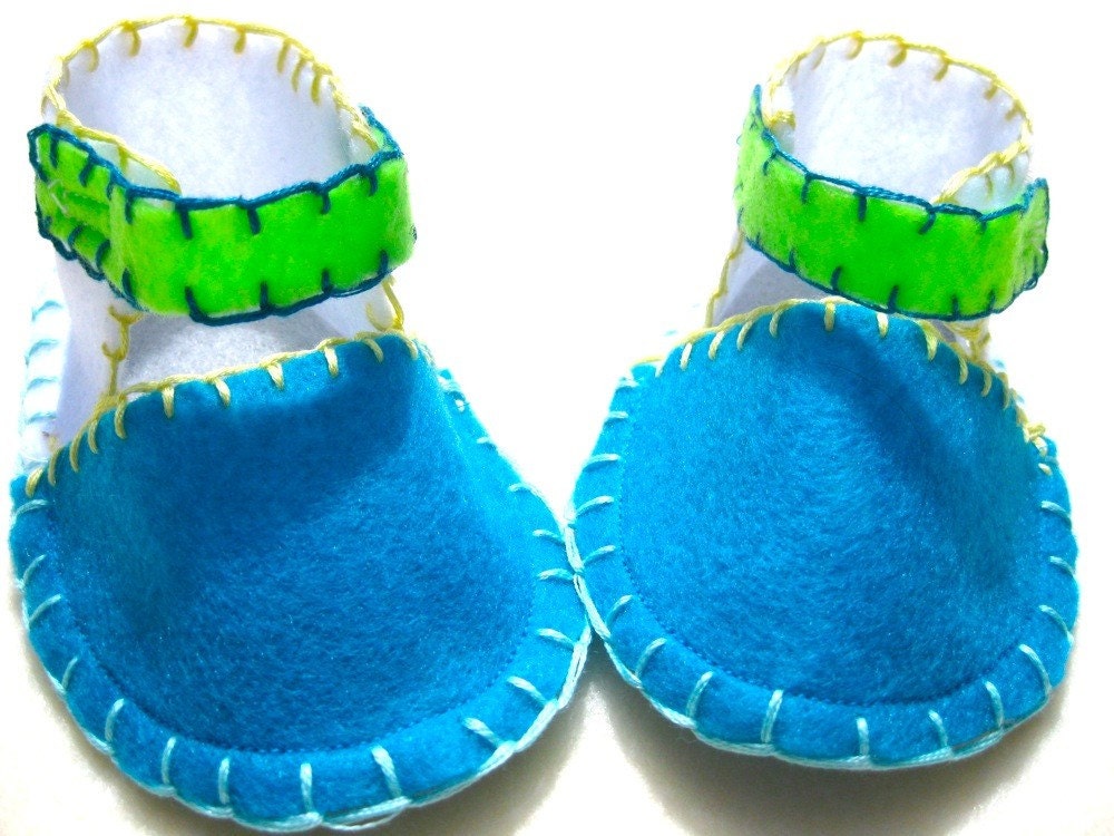 Felt Baby Shoes or Booties in Green, Blue, and White