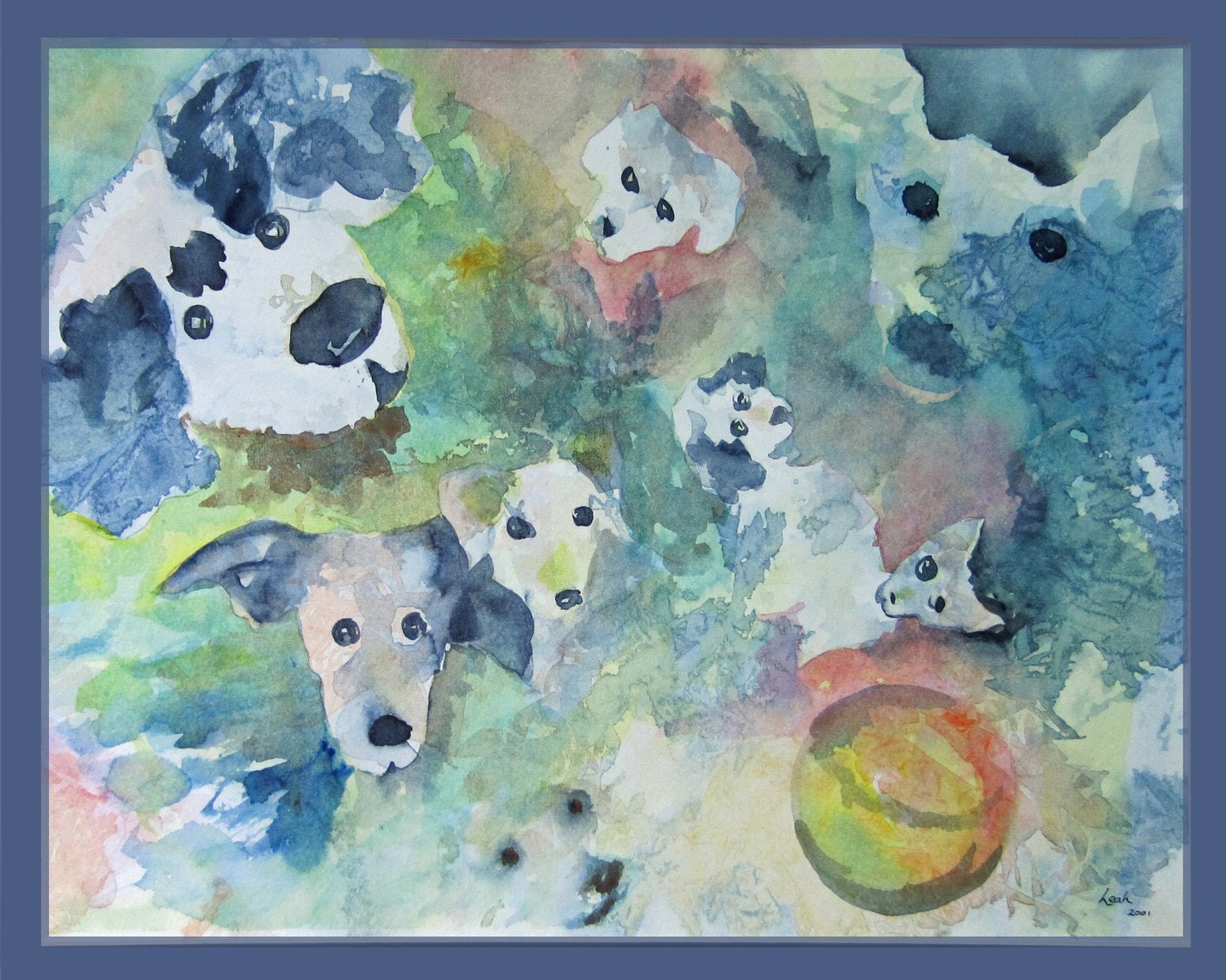 watercolor print features playful puppies