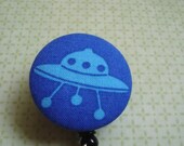 Blue Spaceship-Michael Miller Fabric Covered Badge Reel, ID Holder OR Keychain
