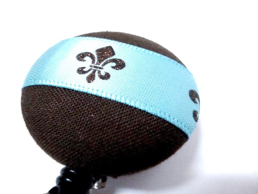 Blue and Brown Fleur De Lis Ribbon on Chocolate Brown Fabric Covered Badge Reel, ID Holder OR Keychain