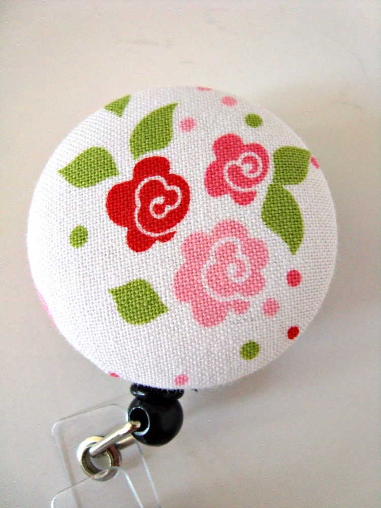 Fabric Covered Badge Reel in Roses ID Holder OR Keychain