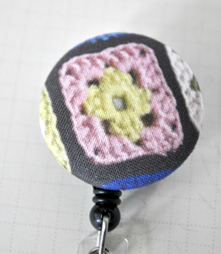 Crochet Granny Square Fabric Covered Badge Reel, ID Holder OR Keychain