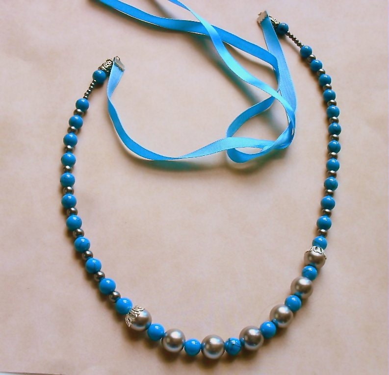 Blue & Gray Pearl Bead Necklace, Ribbon Tie Necklace Adjustable Bead Necklace, Handmade Jewelry