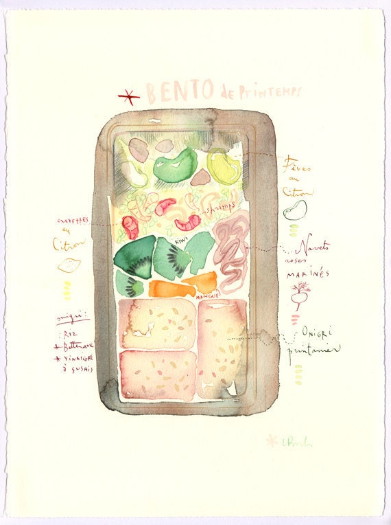 Bento original watercolor painting, Kitchen art, japanese food