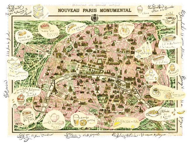 Yummy Paris map illustration poster French home decor print Parisian hotels Food art Kitchen drawing
