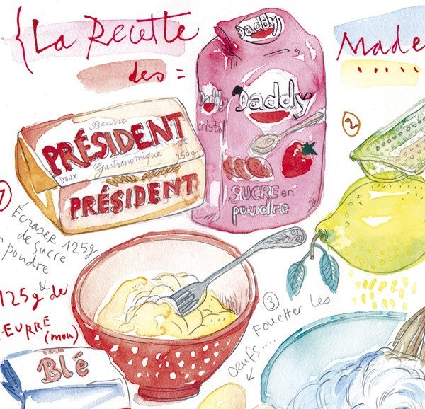 Madeleines illustrated recipe print, Kitchen art, French cake recipe illustration poster,  8X10 food print, Kitchen decor, Bakery print
