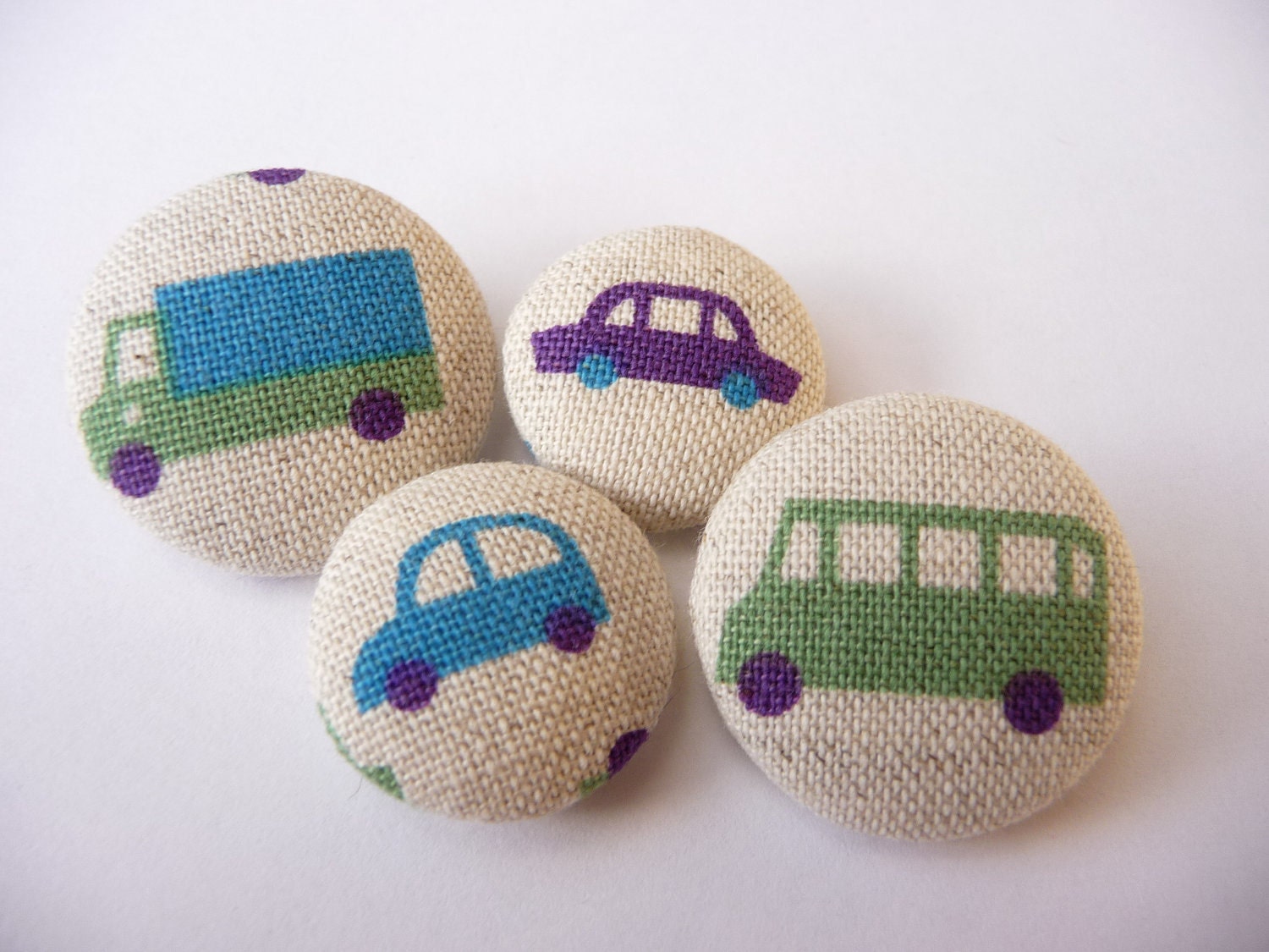 4 cars vehicles transportation handmade fabric covered buttons 1 1/8 inches gift under 10
