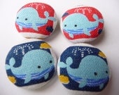 4 red and blue whales handmade fabric covered buttons 7/8 inches 22mm