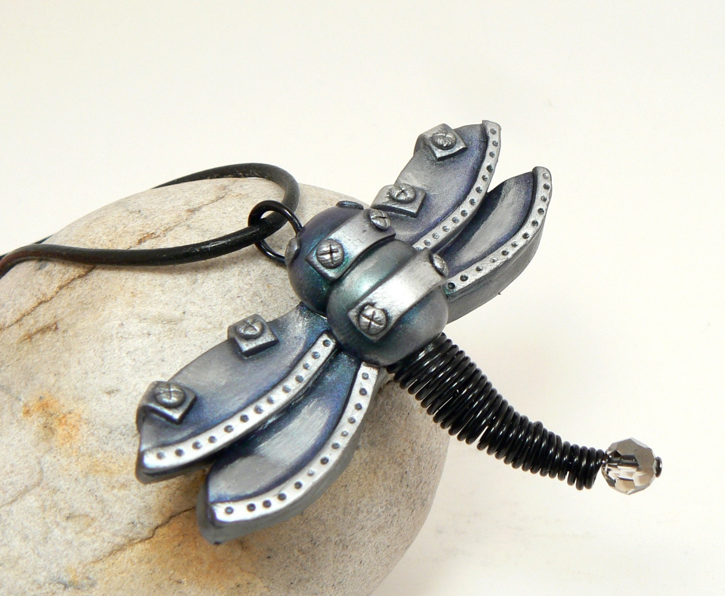 Steel Blue Wing Dragonfly Pendant Steampunk W/Black Wire Crystal Clear