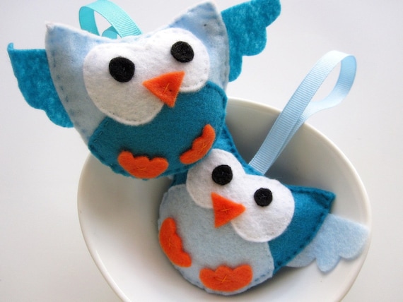 2 Blue owl Ornaments, Eco-Friendly felt baby owl plush Ornaments A151 Il_570xn