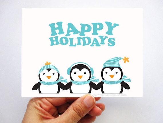 6 Penguin Christmas Cards - Happy Holidays Card with 3 Winter Penguins A40