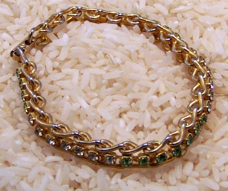 Vintage Tennis Style Light Green Rhinestone Bracelet Gold Tone U-Links