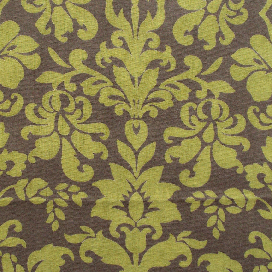 Cotton Fabric Print - Green Damask On Brown 1 Yard