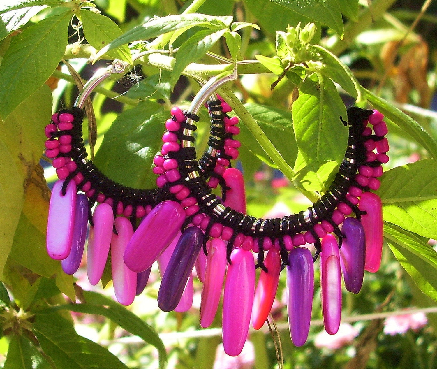 Silver Hoops Handbeaded with Fuschia & Purple Beads on Etsy