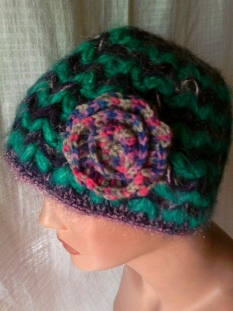 Hand Crochet Mohair Hat Beanie Beret with Removable Flower