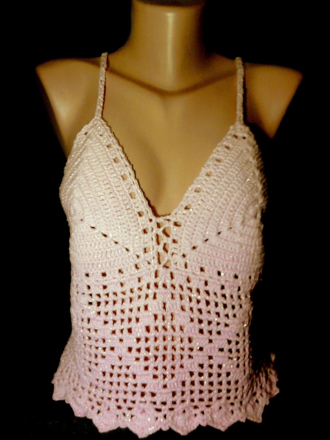 Crochet Top Tank Halter Shining Cotton Pink Yarn Spring Summer Wedding Women