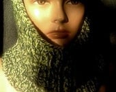 Hand Knit Unisex Cowl Neckwarmer in Black and Green Multicolored for Women Men Fall Winter