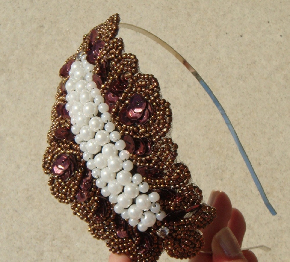 Art Deco brown Bronze and Pearl Headband / Flapper Headband vintage hollywood glamour / READY 2 SHIP