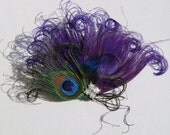 Purple and Natural Peacock Hair Clip rhinestone / bridal feather clip hair pin / new year's eve nye