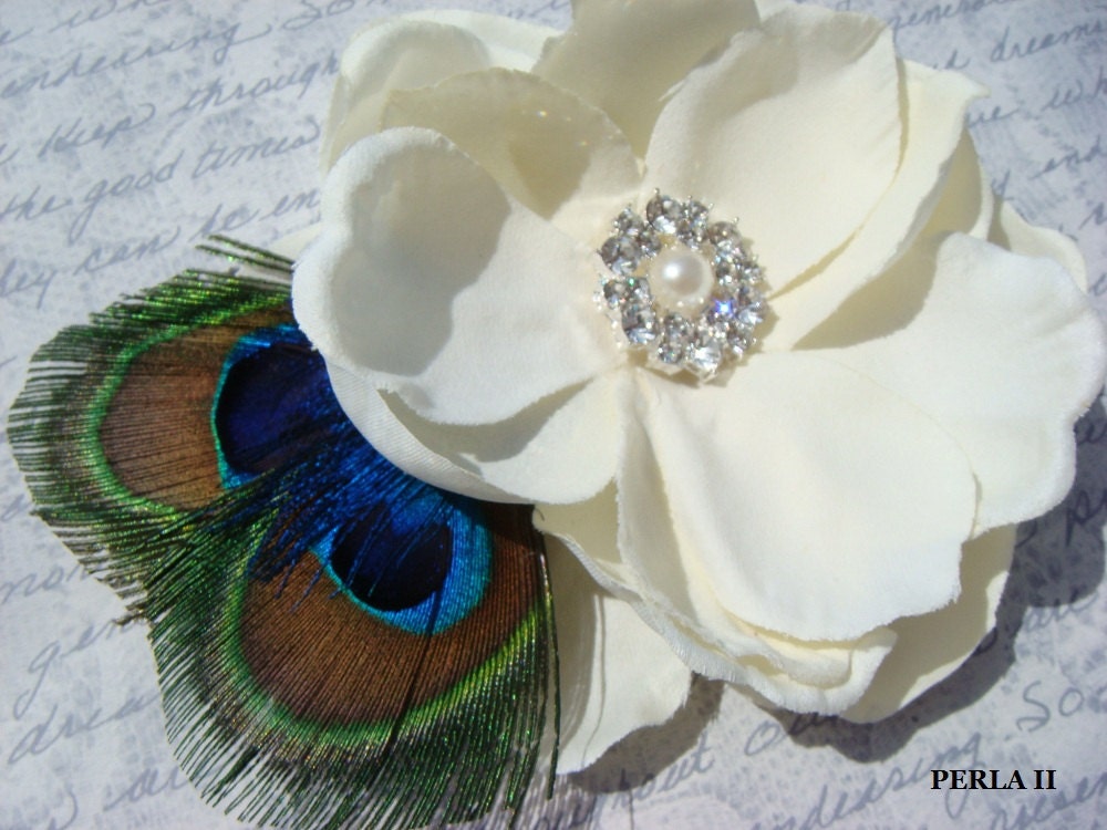 Ivory Flower with peacock feathers and rhinestone or pearl / ivory hair flower / ETHEREAL