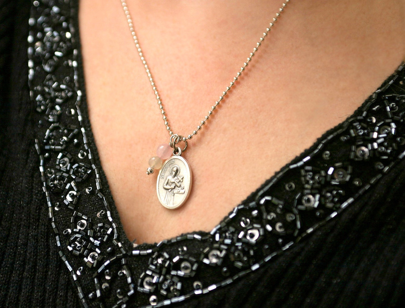 Fertility Necklace - ST GERARD Silver Medal Pendant Necklace, Rose Quartz, Moonstone