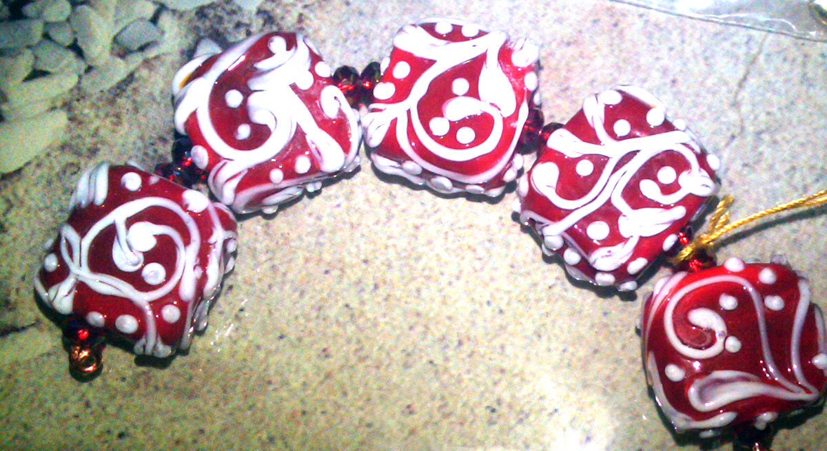 TRELLIS SWIRLS, White on Red  - HandMade LampWork Glass Beads  By Kathleen Robinson-Young (set of 5beads)