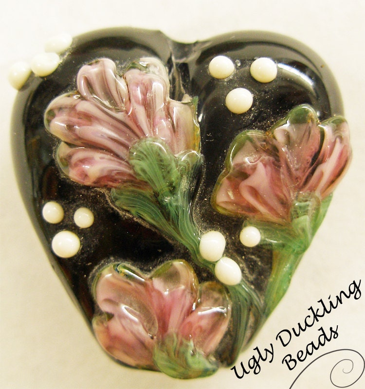 Heart Lampwork Focal Bead-  Pendant Bead - SRA- "Crocus Bistro"- Lampwork  Heart Bead