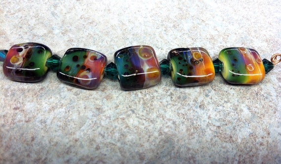 HandMade Boro LampWork Glass Beads -set of 5beads- RAINBOW- Artisan Beads-SRA