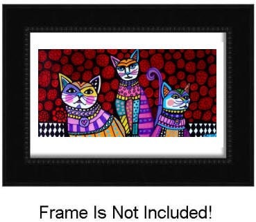 SALE ENDING - 8x16 White Cats Folk Art Print Poster Painting Black and White Harlequin