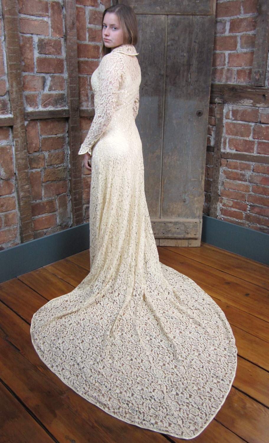 1930's Lace Wedding Gown Dress Bias cut Button Front Lace Head to TOE ...