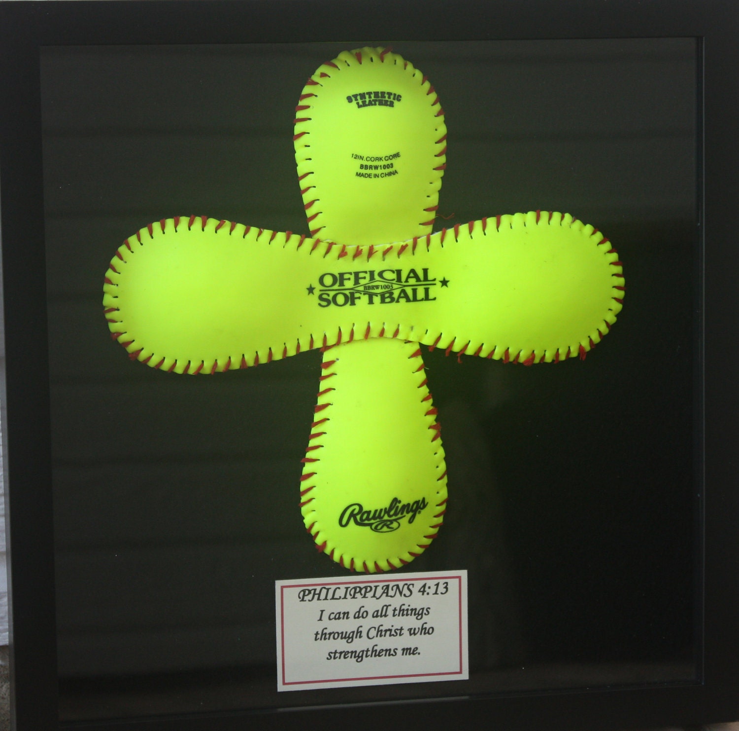 Unique Softball Cross in Glass Shadowbox Frame
