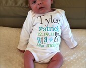 Birth Announcement Onesie...Personalized Newborn or 0-3 Month Onesie ...Love Custom Orders Feel Free to Request...birth announcement