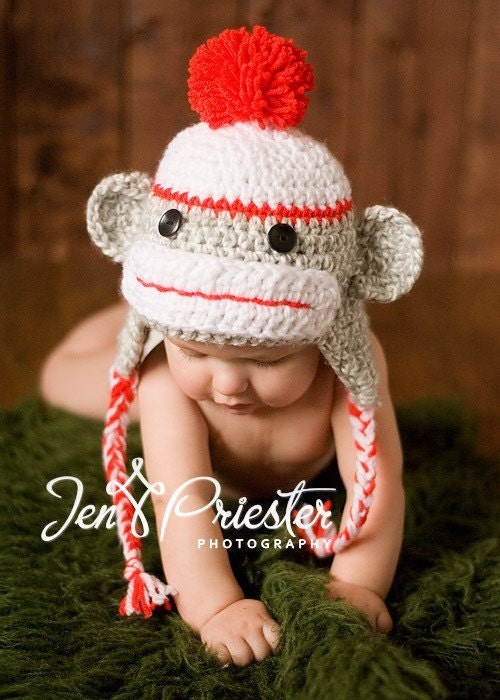 Boy Sock Monkey Earflap Hat in Gray