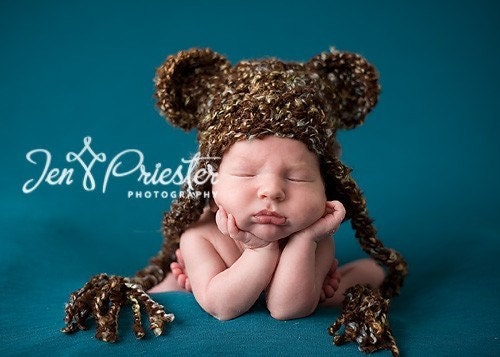 Teddy Bear Earflap Hat--Newborn Photography Prop