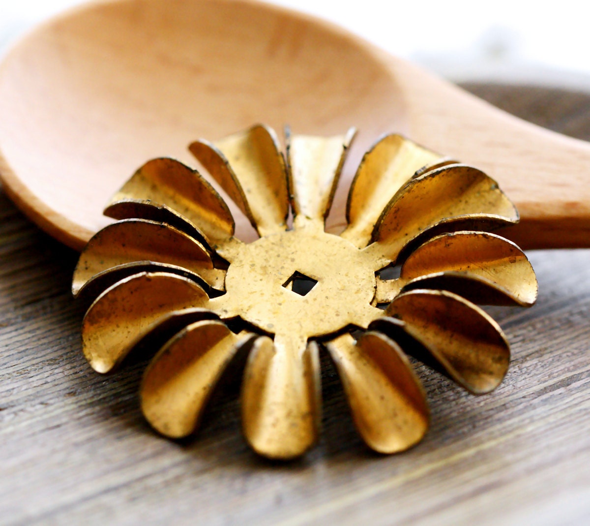 Vintage Brass Beads . Aged 6 Petaled Large Stacking Flower Findings . low stock 4 lots left