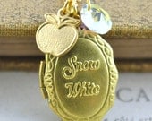 Snow White Locket Gold Tone Fairytale Necklace with Swarovski Crystal