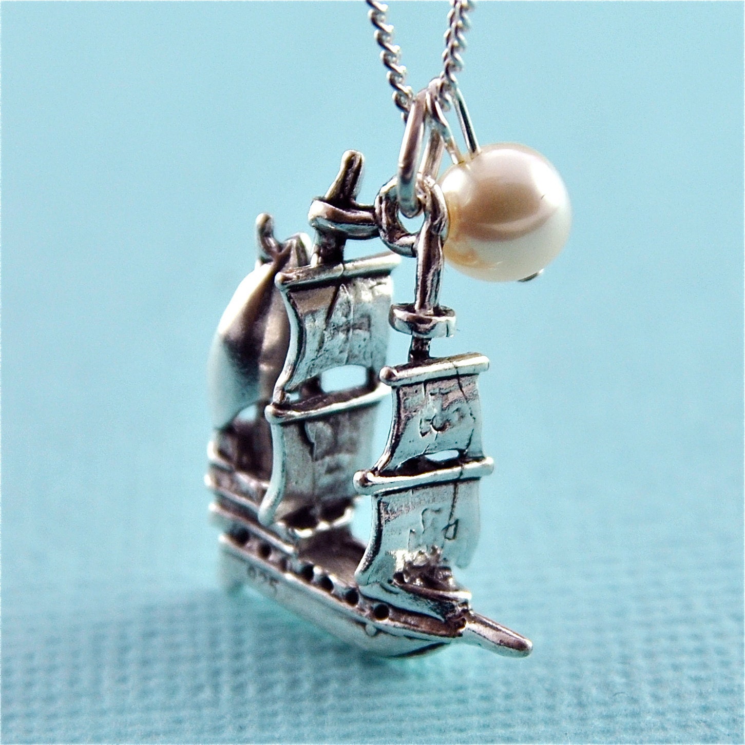 Land Ahoy - Sterling Silver Nautical Ship Charm Necklace with Freshwater Pearl