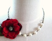 Red Flower and Feather Winter Woodland Necklace - Noel