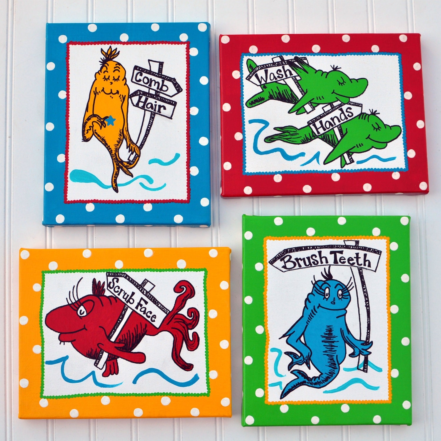 One Fish Two Fish-Dr Seuss Inspired 4 Piece 8x10 Wrapped Canvas Bathroom Set
