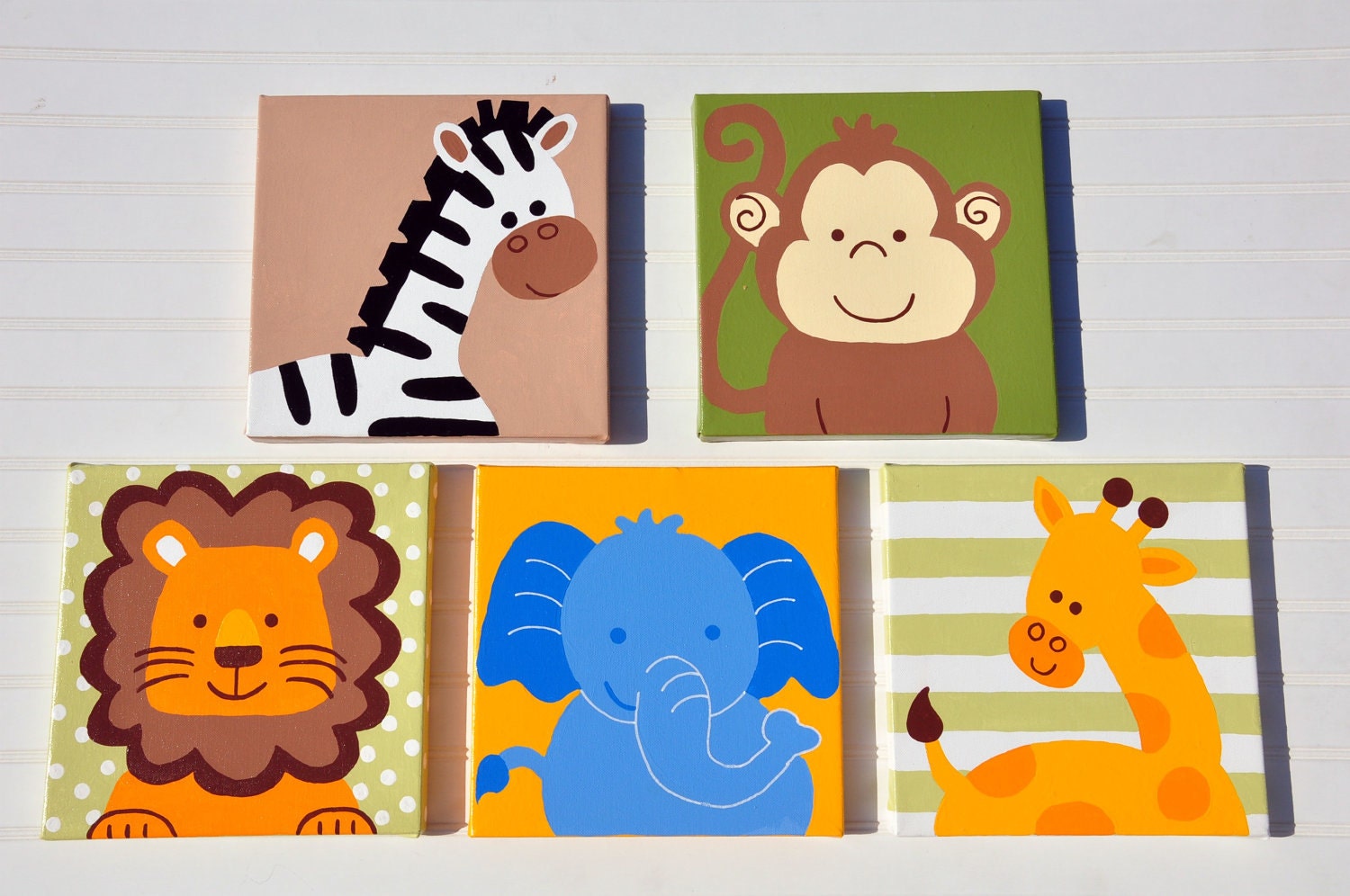 5 Piece Original Painting Canvas Animal Nursery Set- Lion, Monkey, Elephant, Giraffe, and Zebras OH MY